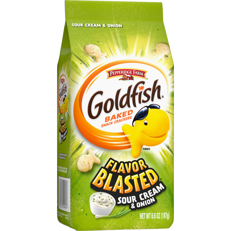 Flavor Blasted Goldfish have a salty powdered coating and come in several tangy and cheesy flavors.
