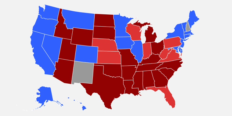 Abortion would immediately be banned in 23 states and territories if Roe v. Wade is overturned. Dark red states will ban abortion, light red states will restrict abortion, blue states will protect access to abortion care, and gray states have no abortion protections.
Source: Center for Reproductive Rights. Graphic: Nigel Chiwaya.
