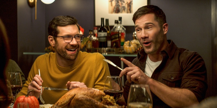 Billy Eichner as Bobby and Luke Macfarlane as Aaron in "Bros."