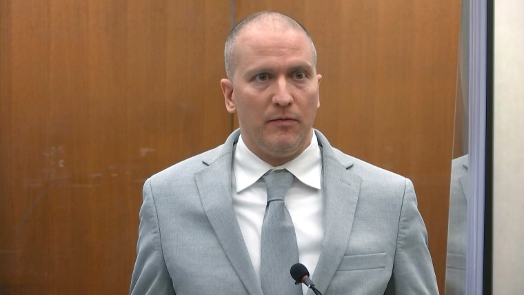 Former Minneapolis police officer Derek Chauvin addresses the court as Hennepin County Judge Peter Cahill presides over Chauvin's sentencing at the Hennepin County Courthouse on June 25, 2021 in Minneapolis.