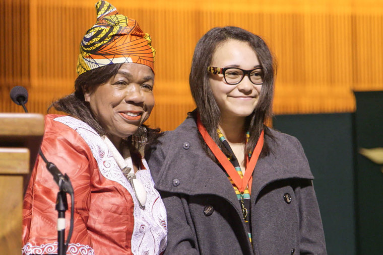 Virginia Marshall, president of the San Francisco Alliance of Black School
Educators and co-chair of San Francisco African American Honor Roll, with honor student
Rachael Schmidt in a scene from "Try Harder!"