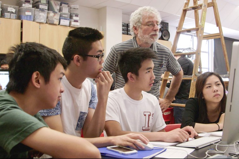 Teacher Bruce Cohen with Lowell H.S. students Brandon Tom, Jayden Lee, Maxwell Hum and Joanna Lu in "Try Harder!"