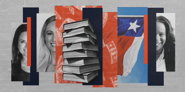 Photo illustration of Olivia Barnard, Bonnie Anderson, a stack of books, money, a Texas flag and Orjanel Lewis.