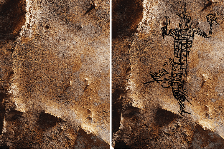 This carving on the cave ceiling is 6 feet long and appears to show a human figure wearing Native American regalia. It dates from about 1,000 years ago; nothing like it has been seen before, and archaeologists suggest it could represent a spirit of the dead.