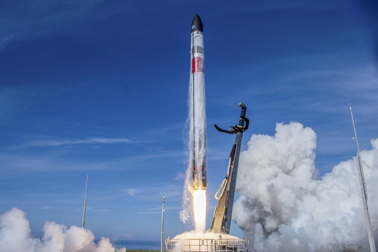 The Electron rocket blasts off for its "There And Back Again" mission from their launch pad on the Mahia Peninsula, New Zealand, on May 3, 2022.