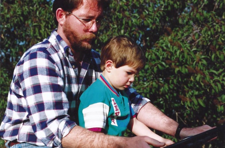 Jeff Phillips and Matthew on a tractor in 1992.