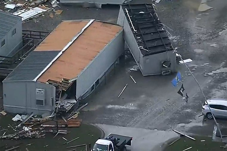 Buildings and debris from storm damage in Seminole, Okla., on Wednesday.