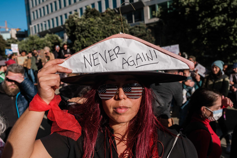 Image: A protester at the federal building to defend abortion rights in San Francisco on May 3, 2022.