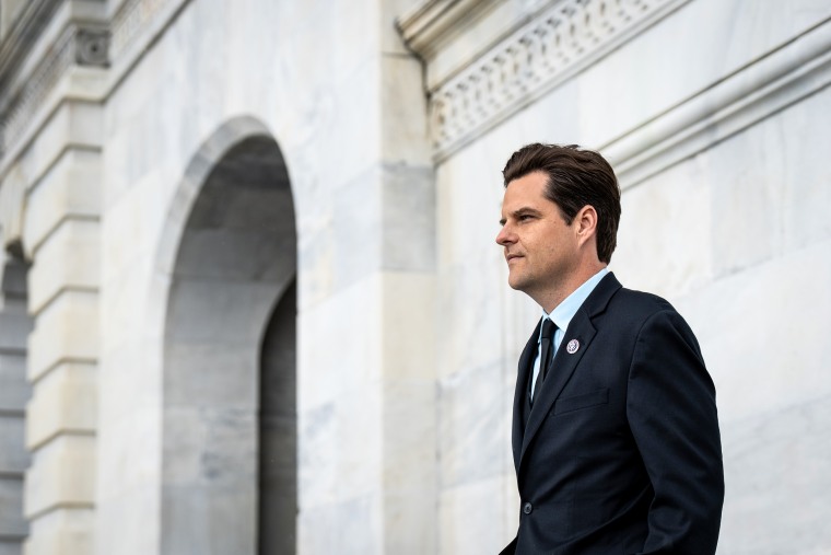 Matt Gaetz, R-Fla., walks down the House steps at the Capitol after the last votes of the week on April 1, 2022.
