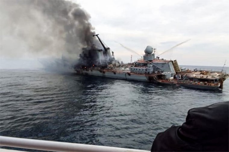 Smoke billows from the damaged Russian ship Moskva on April 15, 2022.