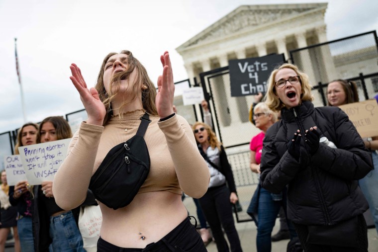 Abortion rights activists chant in front of fence outside the Supreme Court on May 5, 2022.