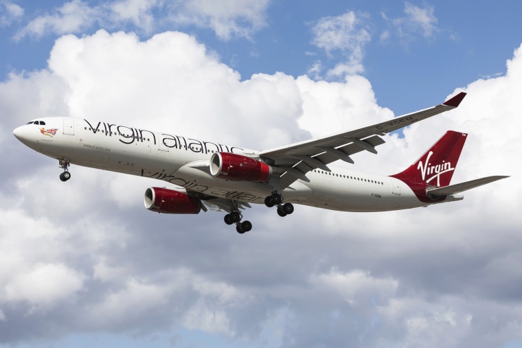 A Virgin Atlantic Airbus A330 landing at London Heathrow Airport, Hounslow, England, on May 4, 2021. 