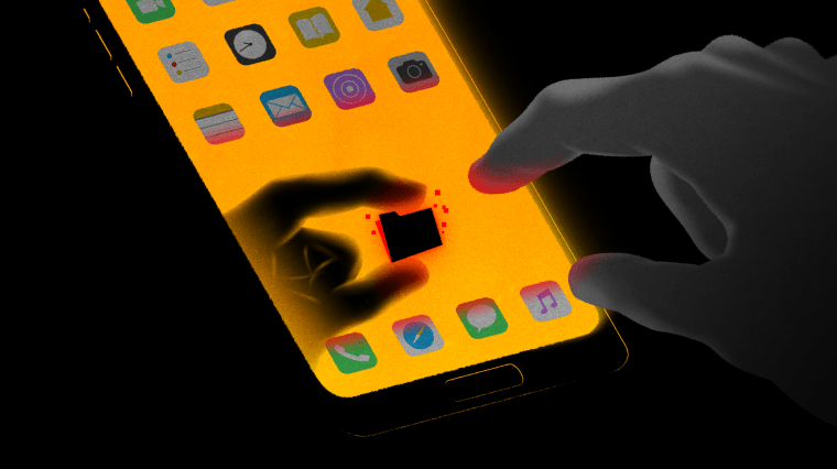 Illustration of a hand holding a black folder glowing red on a phone screen with another finger about to click it.