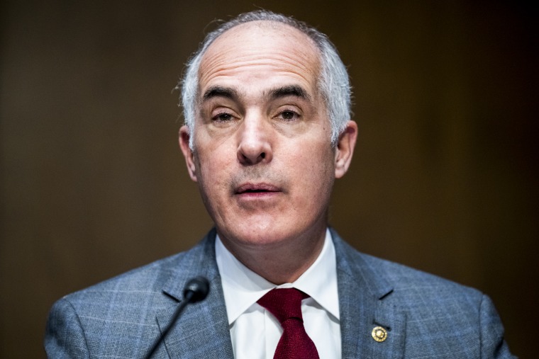 Sen. Bob Casey, D-Pa., introduces Dr. Amy Gutmann, nominee to be U.S. ambassador to Germany, during a Senate Foreign Relations Committee confirmation hearing on Dec. 14, 2021.