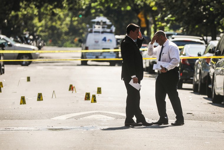 Police work at a crime scene in Brooklyn where a one year old child was shot and killed on July 13, 2020 in New York.