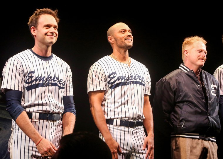 Patrick J. Adams, Jesse Williams and Jesse Tyler Ferguson stand during the opening night curtain call for Second Stage Theater's production of "Take Me Out" on Broadway at The Hayes Theatre on April 4, 2022, in New York.