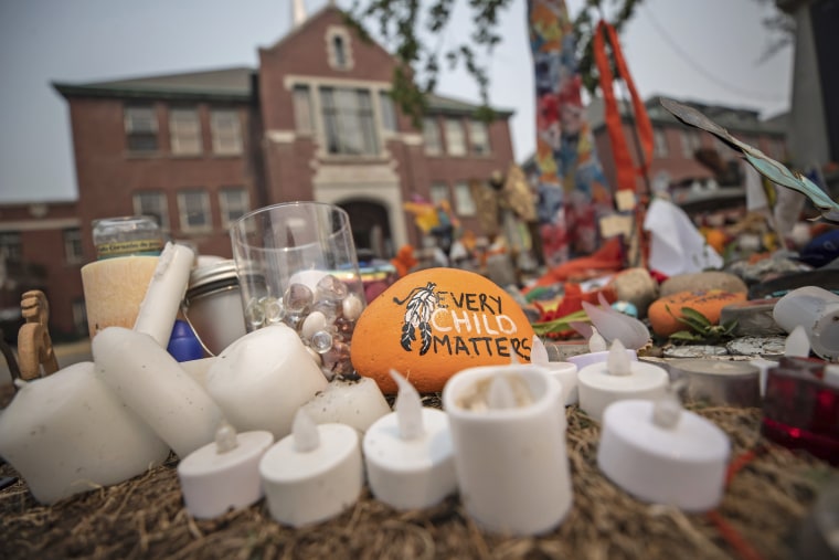 A memorial outside the former Kamloops Indian Residential School in British Columbia on July 15, 2021.