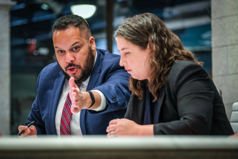 Bryce Barros, China Affairs Analyst at the Alliance for Securing Democracy at the German Marshall Fund, participates on the red team in a mock war game pitting the U.S. and China in a fight over Taiwan, on “Meet the Press Reports” in Washington, D.C., on April 25, 2022