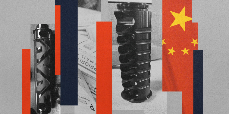 Photo illustration of Chinese manufactured gun silencers seized by law enforcement, mail packages, and the Chinese flag.