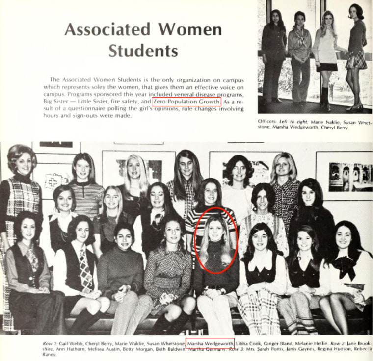 Marsha Blackburn, then Marsha Wedgeworth, in a photo of Associated Women Students in Mississippi State University's "Reveille" publication in 1972.