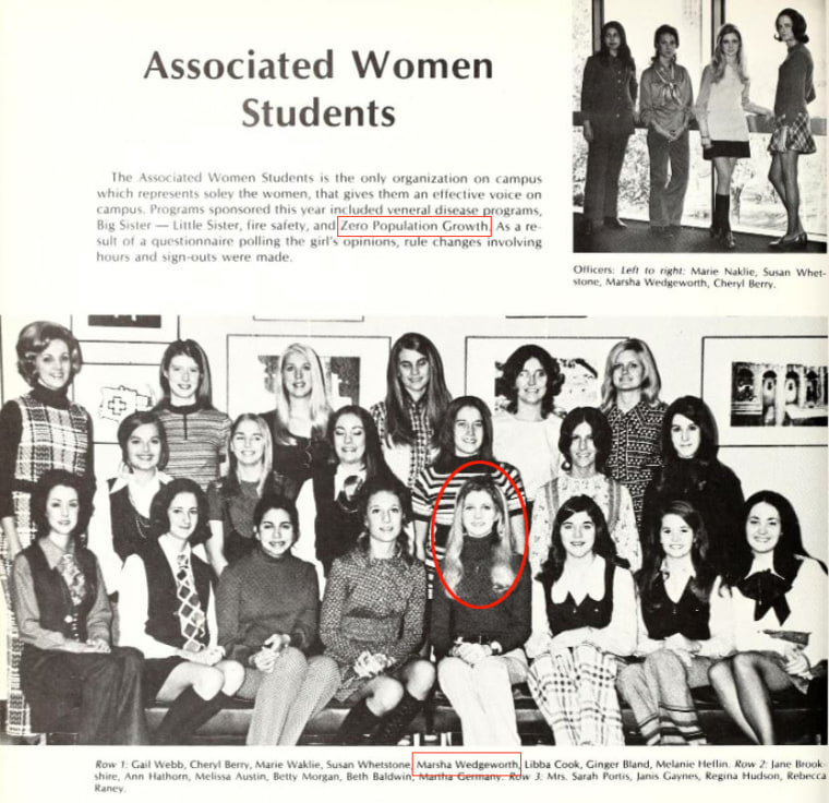 Marsha Blackburn, then Marsha Wedgeworth, in a photo of Associated Women Students in Mississippi State University's 