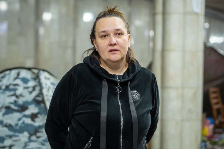 Liliya Gritchina, a seamstress, has taken shelter at the Imeni Maselskoho metro station in Kharkiv.