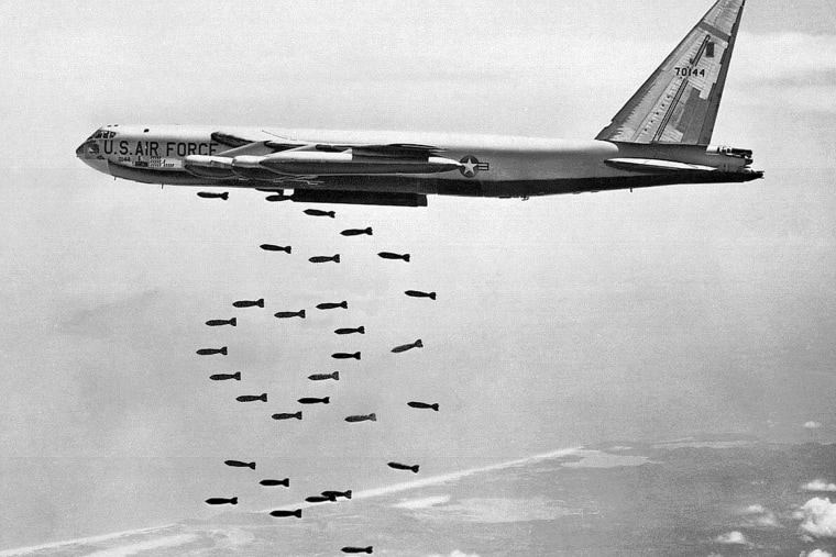 Indochina / Laos / Cambodia / Vietnam: United States Air Force Boeing B-52 Stratofortress releasing a payload of bombs over Indochina as part of 'Operation Arc Light' (1965-1973), c. 1968.