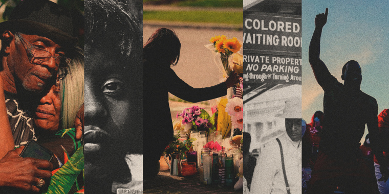 Photo illustration of mourners and protesters at the Buffalo supermarket shooting scene and a "colored waiting room" sign during Jim Crow-era laws.