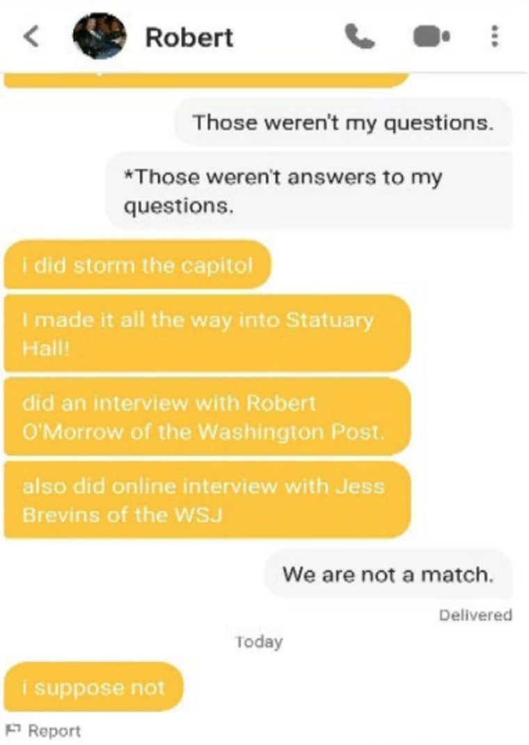 A screenshot of Robert Chapman telling a person on the dating Bumble that he participated in the Capitol riot on Jan. 6, 2021.