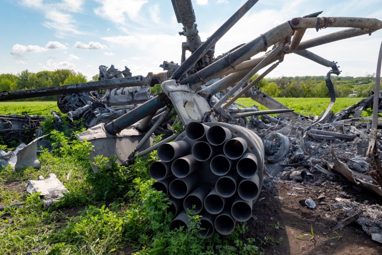 A downed Russian helicopter in a field in the village of Malaya Rohan, near Kharkiv.