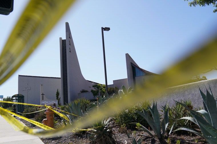 Crime scene tape surrounds Geneva Presbyterian Church in Laguna Woods, Calif. on May 17, 2022.