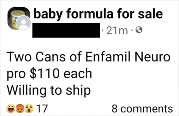 A posting on Facebook advertising baby formula for sale