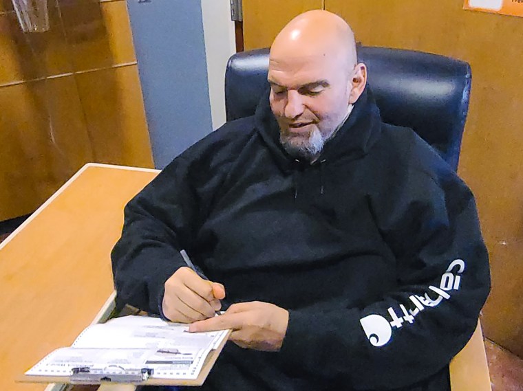 Pennsylvania Lt. Governor and Democratic Senate candidate John Fetterman fills out his emergency absentee ballot for the Pennsylvania primary election in Penn Medicine Lancaster General Hospital in Lancaster, Pa., on May, 17, 2022.