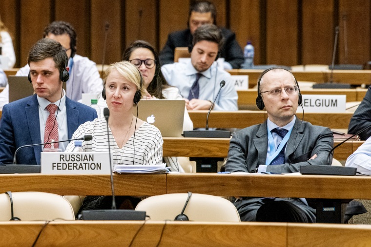 Russian diplomat Boris Bondarev, right, at a United Nations meeting in Geneva this month.