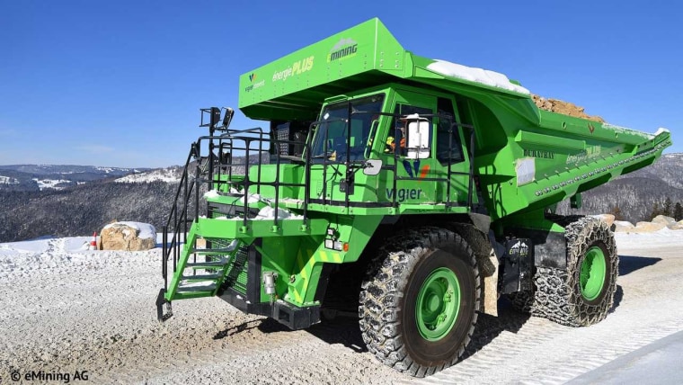 The 65-ton eDumper generates electricity when it carries a 70-ton load downhill from where it's quarried and makes enough to drive back to the top empty.