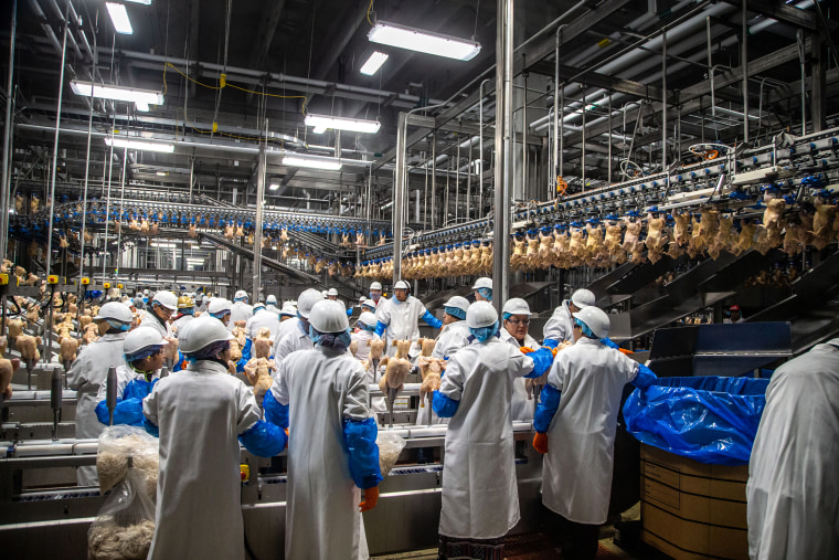 Syndication: Workers process around 200,000 chickens a day for Costco at the Lincoln Premium Poultry plant in Fremont, Neb., on Feb. 27, 2020.