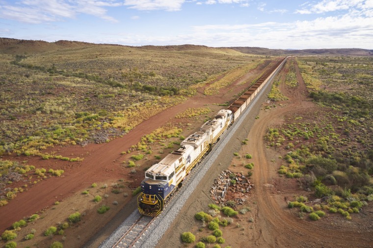 One of Fortescue's ore trains near the Eliwana mine in the Pilbara region of Western Australia. The route is nearly 100 miles long.