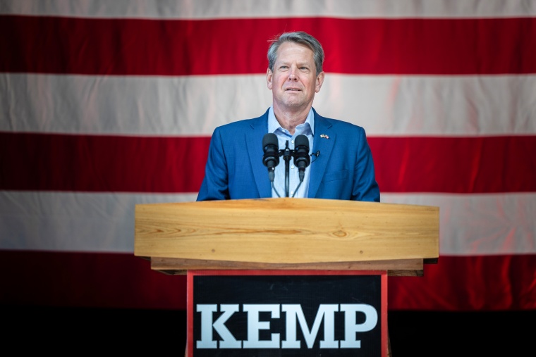 Governor Brian Kemp, R-Ga., speaks at a campaign rally at with Former Vice President Mike Pence on May 23, 2022 in Kennesaw, Ga.