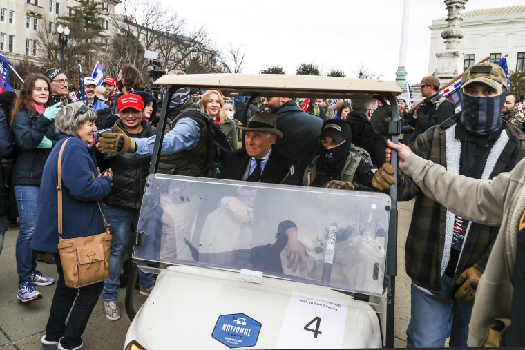 Image: Roger Stone greets supporters after speaking in front of the Supreme Court on Jan. 5, 2021.