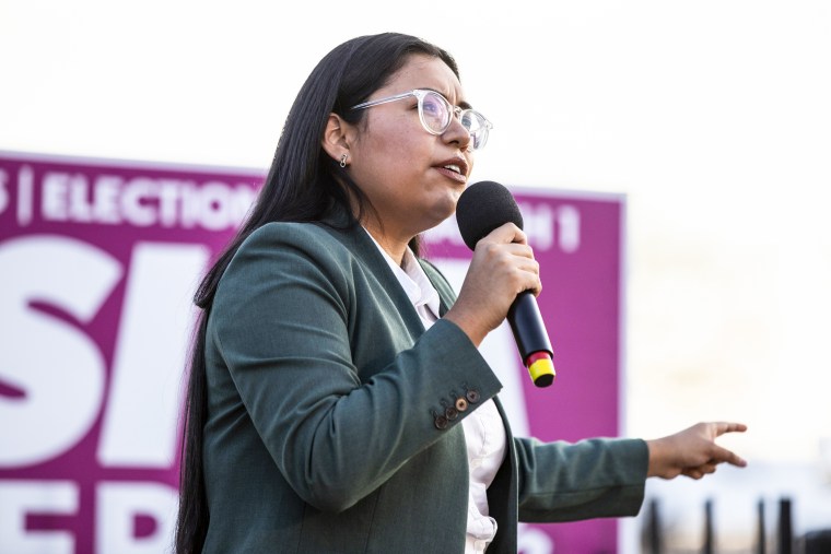 Jessica Cisneros, Democratic candidate for the House of Representatives, speaks during an early vote kickoff event in San Antonio, Texas, on Feb. 22, 2022.