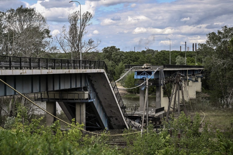 The destroyed bridge connecting the city of Lysychansk with the city of Severodonetsk in the eastern Ukranian region of Donbas on May 22, 2022.