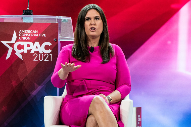 Sarah Huckabee Sanders, former White House press secretary, speaks during the Conservative Political Action Conference in Orlando, Fla., on Feb. 27, 2021.