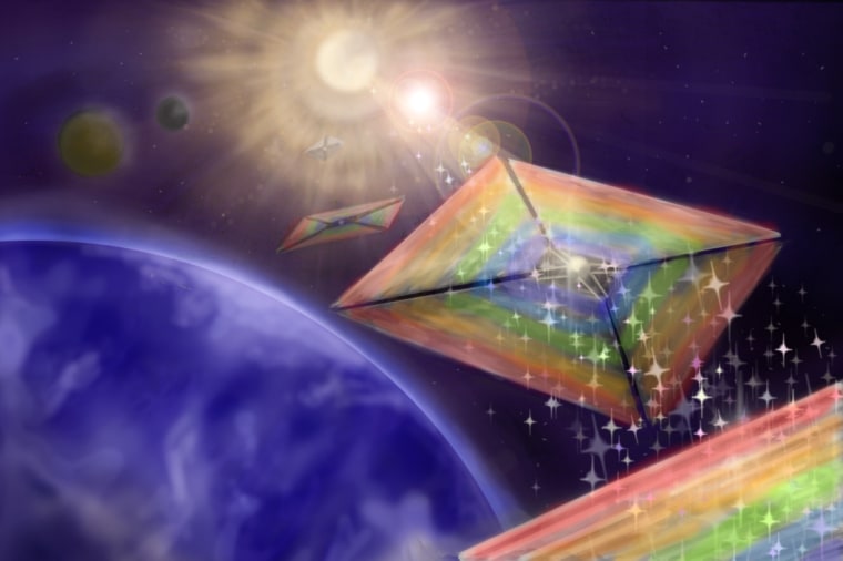 Diffractive solar sailing, depicted in this conceptual illustration, could enable missions to hard-to-reach places, like orbits over the sun’s poles.