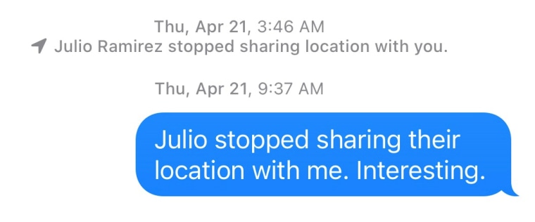 Shiva Campbell’s text thread with Julio Ramirez.