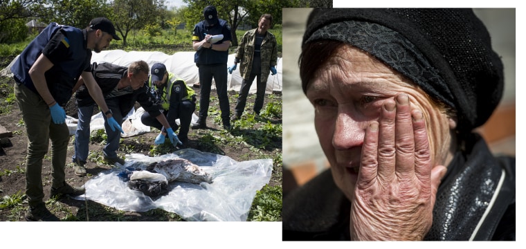 Olga Kotenko watches as a team of war crimes investigators exhumes her son's body to take to a morgue in Kharkiv.