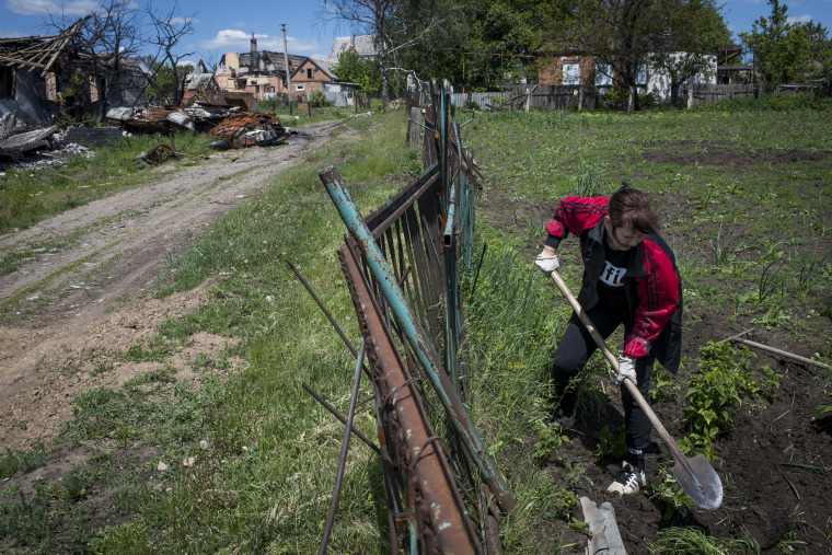 A woman works to repair one of many craters in her yard near a destroyed tank in Vilhivka last week.