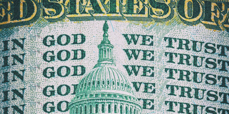 Photo Illustration: A dollar bill repeats the motto "In God We Trust" five times