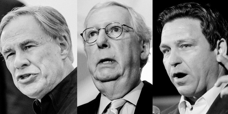 Photo Illustration: Governor Greg Abbott, Senate Majority Leader Mitch McConnell, Governor Ron DeSantis