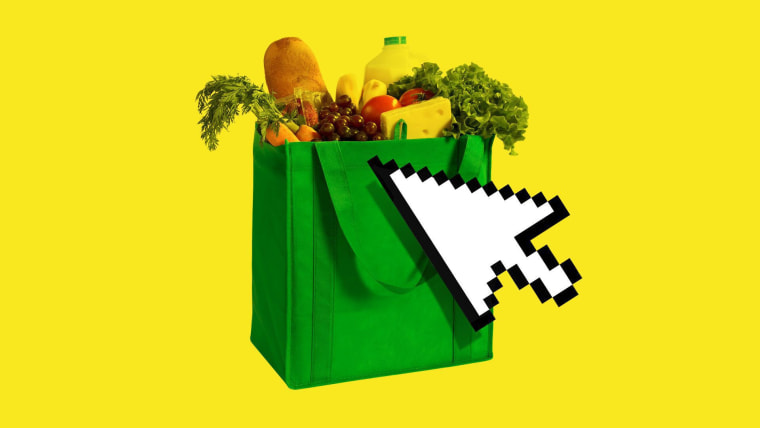 Ilustración de una bolsa de tela de supermercado con alimentos frescos y un icono de ratón de computadora dando click, en representación a hacer pedidos en línea de víveres