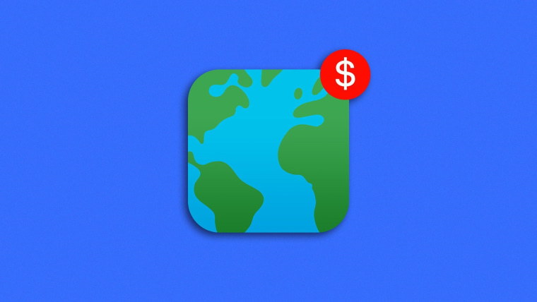 Ilustración de un icono cuadrado de app que contiene un pequeño mapa mundial y un símbolo de dinero, en representación de inversiones para mejorar el mundo